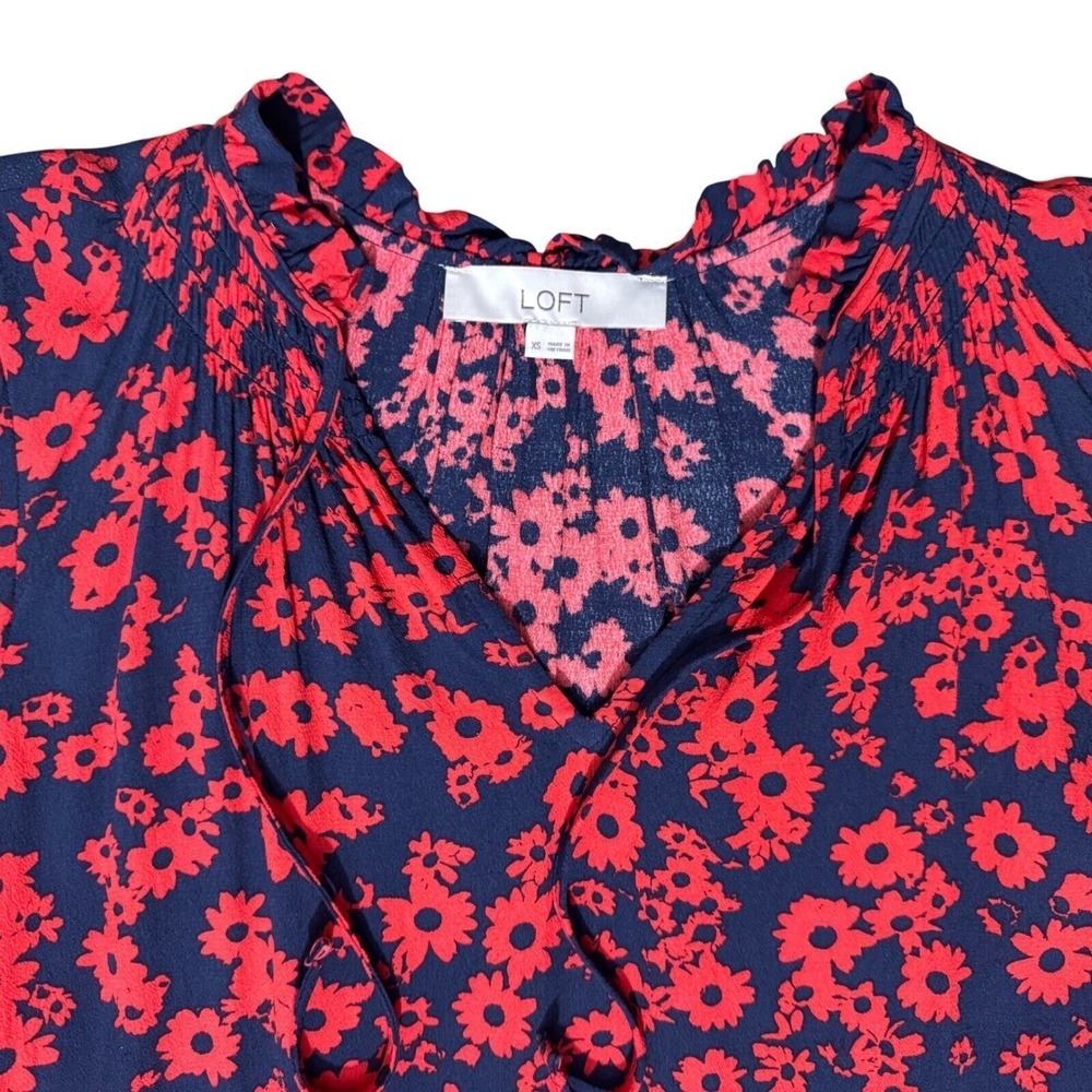 LOFT Dress XS Navy Blue Red Floral Print Drop Waist Ruffle Mini Cottagecore - Picture 2 of 8